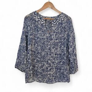 Lucky Brand Womens Blue Cotton Boho Peasant Top Sz L Embroidered Neckline Beachy